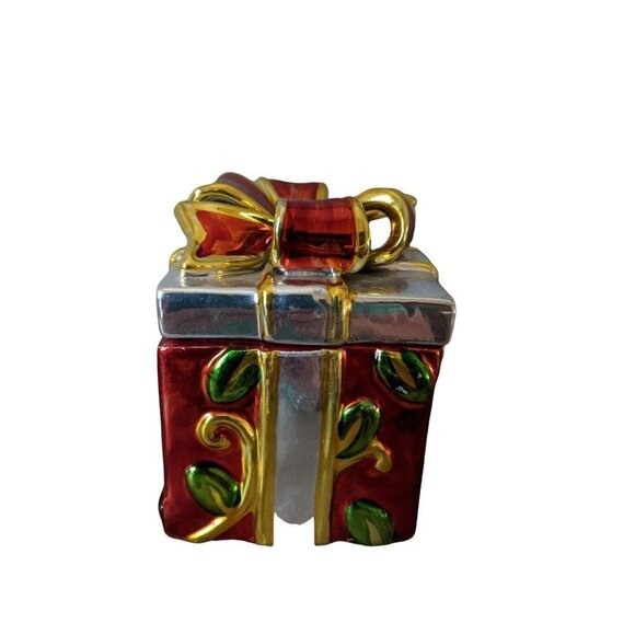 Christ gift box glass red green gold  Holiday  4.5"  h x 3" wide  trinket - Picture 1 of 6